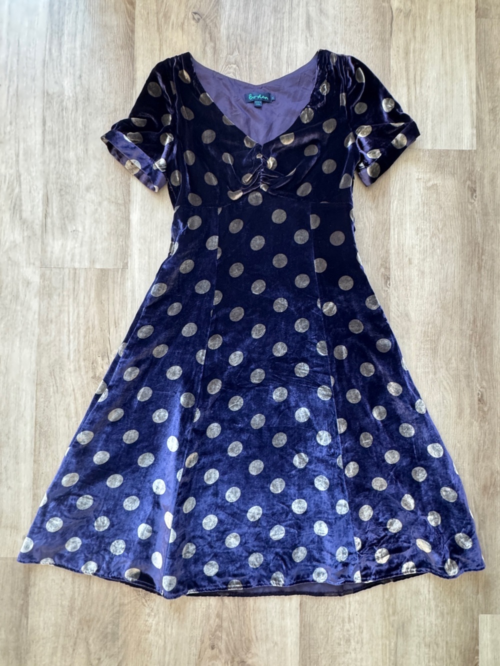 Boden Polka Dot Purple Velvet Dress Fit And Flare Babydoll Pinup Women’s Sz 12L